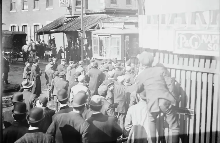 Framed Print : Strikers clamoring for motorman of car, Philadelphia, 1910. Creator: Bain News Service Framed Print : Strikers clamoring for motorman of car, Philadelphia, 1910. Creator: Bain News Service