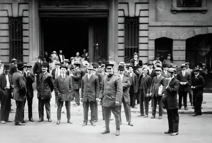Framed Print : Strikers leave Sherry's, 1912. Creator: Bain News Service Framed Print : Strikers leave Sherry's, 1912. Creator: Bain News Service