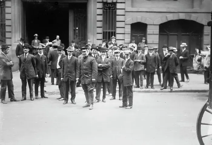 Framed Print : Strikers leave Sherry's, 1912. Creator: Bain News Service Framed Print : Strikers leave Sherry's, 1912. Creator: Bain News Service
