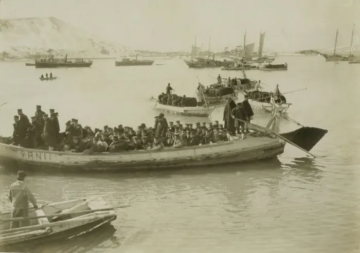 Framed Print : String of pontoons in tow of stream launch, approaching landing stage, Chemulpo, c1904. Creator: Robert Lee Dunn Framed Print : String of pontoons in tow of stream launch, approaching landing stage, Chemulpo, c1904. Creator: Robert Lee Dunn