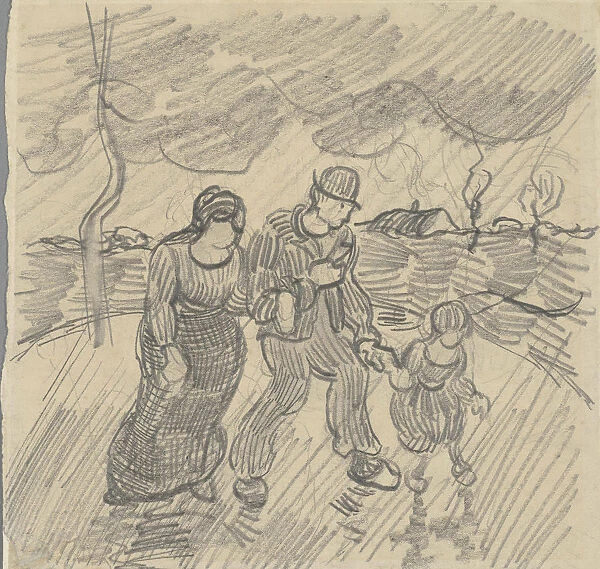 Strolling couple with child on a road in the rain, 1890