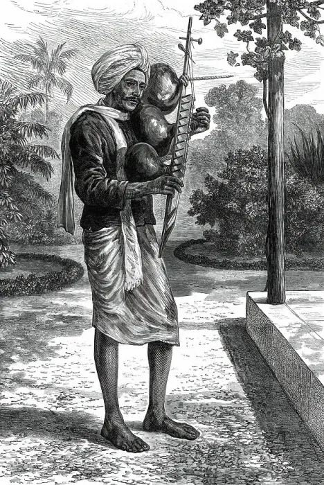 Framed Print : A strolling minstrel at Madras playing the tingadee, 1876. Creator: Unknown Framed Print : A strolling minstrel at Madras playing the tingadee, 1876. Creator: Unknown