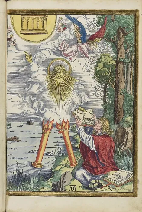 Framed Print : The strong angel. John devours the book. From the Apocalypse (Revelation of John), 1511. Creator: Dürer, Albrecht (1471-1528) Framed Print : The strong angel. John devours the book. From the Apocalypse (Revelation of John), 1511. Creator: Dürer, Albrecht (1471-1528)
