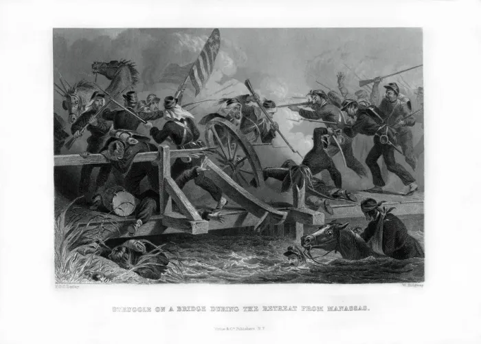 Framed Print : Struggle on a bridge during the retreat from Manassas, Virginia, (1862-1867). Artist: Felix Octavius Carr Darley Framed Print : Struggle on a bridge during the retreat from Manassas, Virginia, (1862-1867). Artist: Felix Octavius Carr Darley