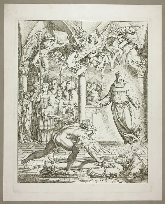 Framed Print : The Struggle Between the Devil and St Francis of Assisi for the Soul of Guido da... 1807 / 08. Creator: Joseph Anton Koch Framed Print : The Struggle Between the Devil and St Francis of Assisi for the Soul of Guido da... 1807 / 08. Creator: Joseph Anton Koch