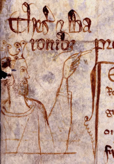 Framed Print : A stubbled King Edward I points to some lettering on a page from a memoranda roll, c1301. Creator: Unknown Framed Print : A stubbled King Edward I points to some lettering on a page from a memoranda roll, c1301. Creator: Unknown