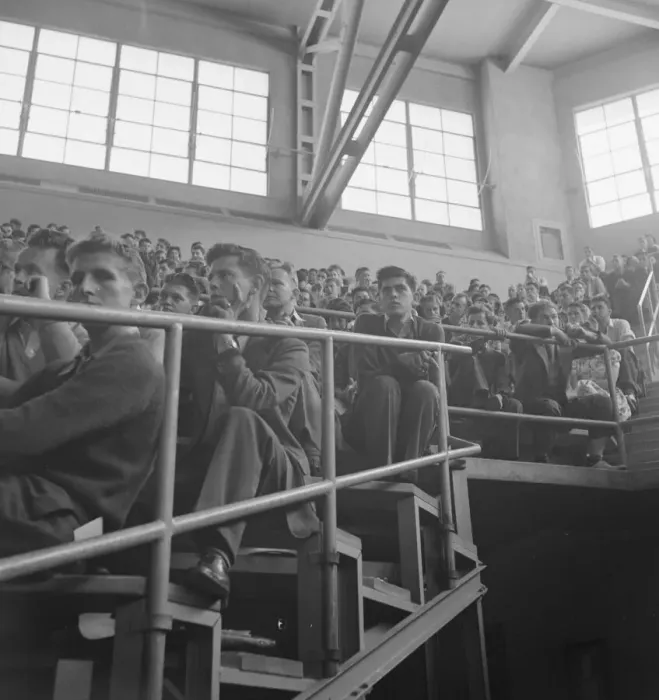 Framed Print : Student audience listening to Peace Day address of General Smedley Butler, Berkeley, CA, 1939. Creator: Dorothea Lange Framed Print : Student audience listening to Peace Day address of General Smedley Butler, Berkeley, CA, 1939. Creator: Dorothea Lange