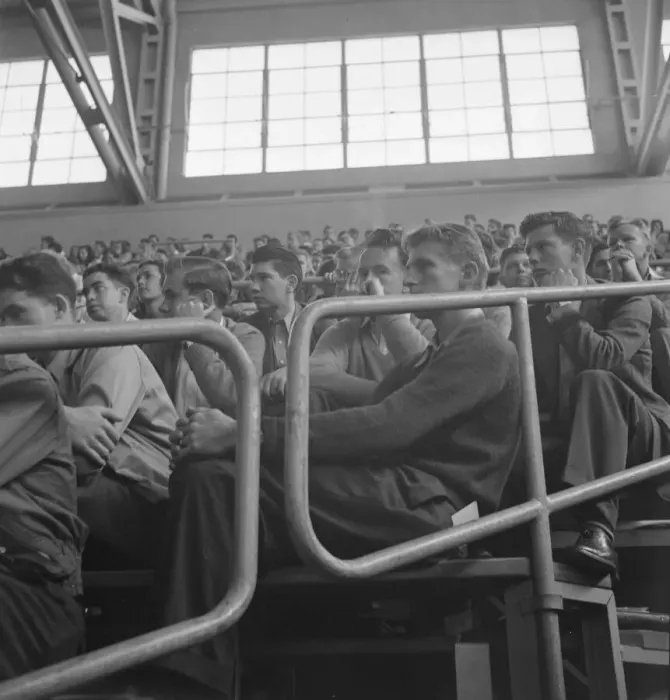 Framed Print : Student audience listening to Peace Day address of General Smedley Butler, Berkeley, CA, 1939. Creator: Dorothea Lange Framed Print : Student audience listening to Peace Day address of General Smedley Butler, Berkeley, CA, 1939. Creator: Dorothea Lange