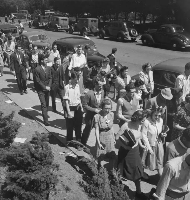 Framed Print : Students assembling for Peace Day address of General Smedley Butler, Berkeley, CA, 1939. Creator: Dorothea Lange Framed Print : Students assembling for Peace Day address of General Smedley Butler, Berkeley, CA, 1939. Creator: Dorothea Lange