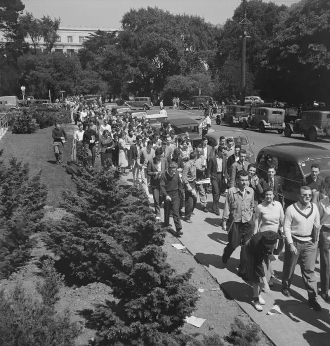Framed Print : Students assembling for Peace Day address of General Smedley Butler, Berkeley, CA, 1939. Creator: Dorothea Lange Framed Print : Students assembling for Peace Day address of General Smedley Butler, Berkeley, CA, 1939. Creator: Dorothea Lange