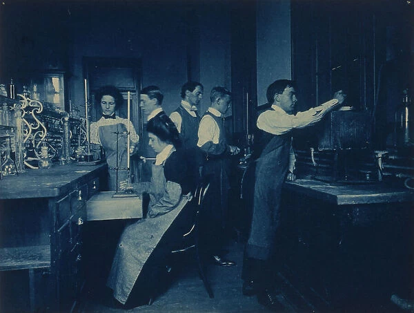 Students conducting experiments in laboratory, Western High School, Washington, D.C. (1899?). Creator: Frances Benjamin Johnston
