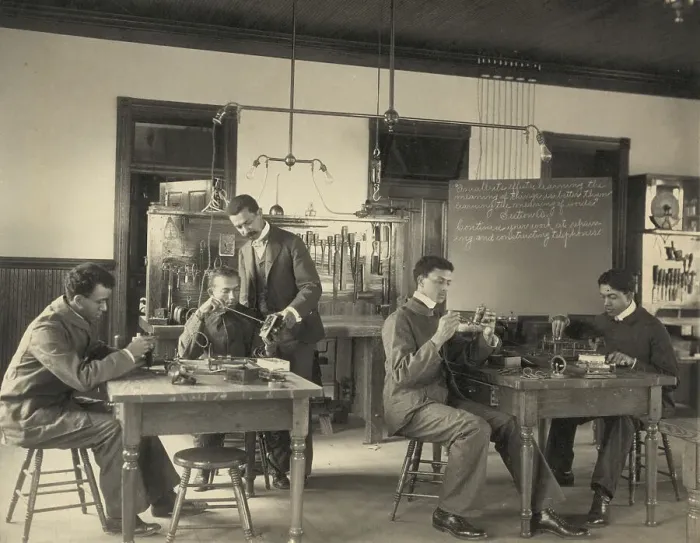 Framed Print : Students constructing telephones at Hampton Institute, 1899 or 1900. Creator: Frances Benjamin Johnston Framed Print : Students constructing telephones at Hampton Institute, 1899 or 1900. Creator: Frances Benjamin Johnston