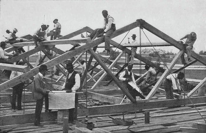 Framed Print : Students framing the roof of a large building, 1904. Creator: Frances Benjamin Johnston Framed Print : Students framing the roof of a large building, 1904. Creator: Frances Benjamin Johnston