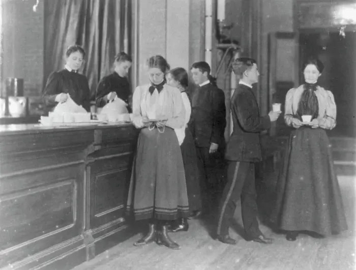 Framed Print : Students getting beverages from a counter, Western High School, Washington, D.C. (1899?). Creator: Frances Benjamin Johnston Framed Print : Students getting beverages from a counter, Western High School, Washington, D.C. (1899?). Creator: Frances Benjamin Johnston