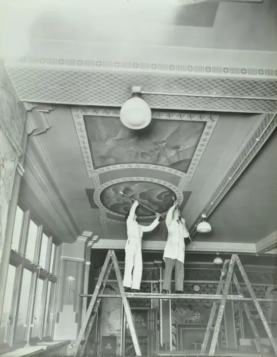 Framed Print : Students painting a design on the ceiling, School of Building, Brixton, London, 1939 Framed Print : Students painting a design on the ceiling, School of Building, Brixton, London, 1939