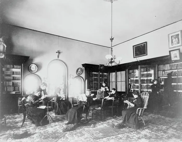 Framed Print : Students reading in library at Georgetown Visitation... Washington, D.C. between 1890 and 1910(?). Creator: Frances Benjamin Johnston Framed Print : Students reading in library at Georgetown Visitation... Washington, D.C. between 1890 and 1910(?). Creator: Frances Benjamin Johnston