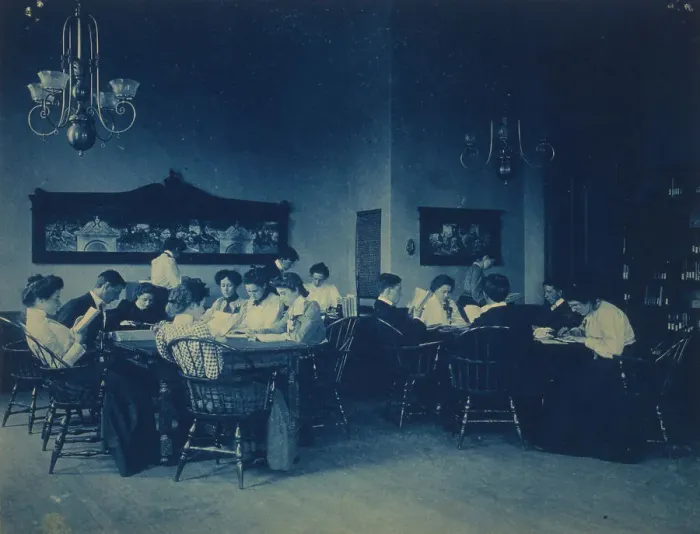 Framed Print : Students seated around tables, studying, at Western High School, Washington, D.C. (1899?). Creator: Frances Benjamin Johnston Framed Print : Students seated around tables, studying, at Western High School, Washington, D.C. (1899?). Creator: Frances Benjamin Johnston