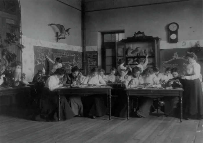 Framed Print : Students studying birds in biology class in a Washington, D.C. school, (1899?). Creator: Frances Benjamin Johnston Framed Print : Students studying birds in biology class in a Washington, D.C. school, (1899?). Creator: Frances Benjamin Johnston
