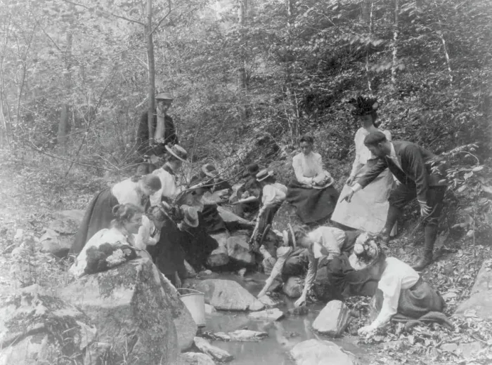 Framed Print : Students from Western High School studying biology outdoors at a stream, Washington, D.C. (1899?). Creator: Frances Benjamin Johnston Framed Print : Students from Western High School studying biology outdoors at a stream, Washington, D.C. (1899?). Creator: Frances Benjamin Johnston