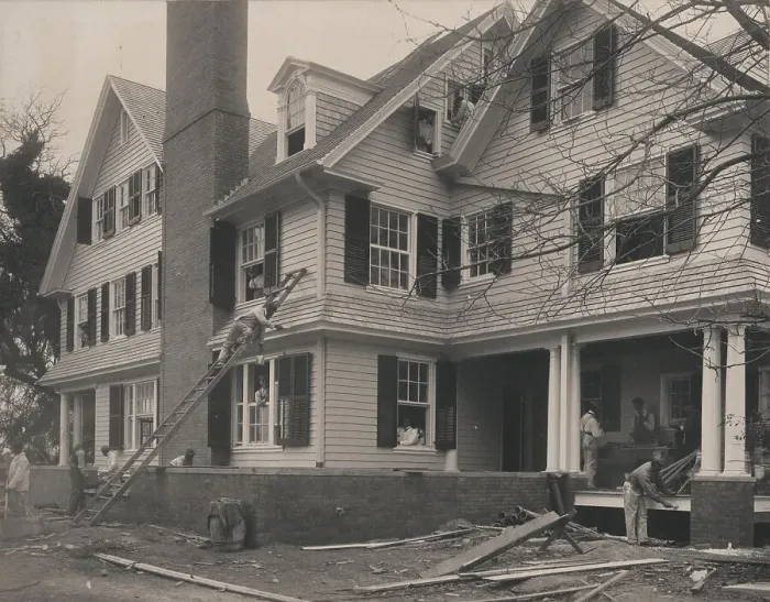 Framed Print : Students at work on a house built largely by them, 1899 or 1900. Creator: Frances Benjamin Johnston