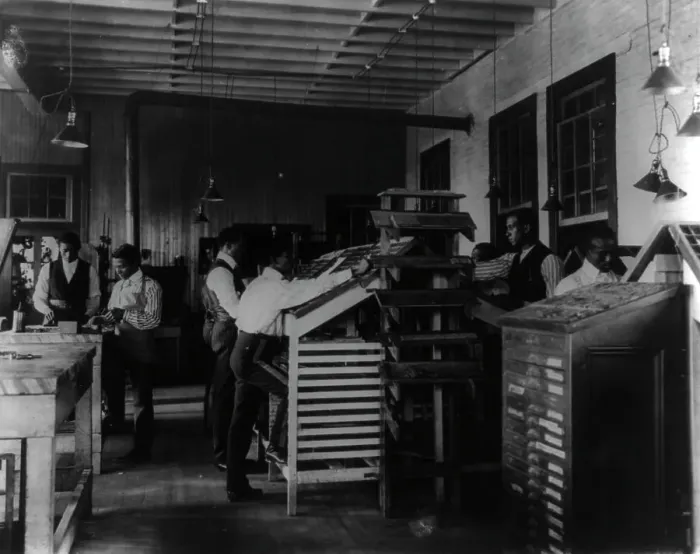 Framed Print : Students working in print shop, Tuskegee Institute, Alabama, 1902. Creator: Frances Benjamin Johnston Framed Print : Students working in print shop, Tuskegee Institute, Alabama, 1902. Creator: Frances Benjamin Johnston