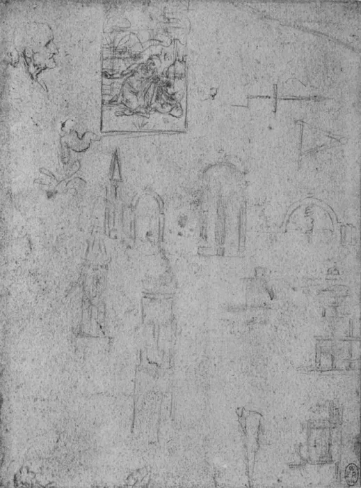 Framed Print : Studies of Architecture and of a Virgin Adoring the Infant Christ, c1480 (1945). Artist: Leonardo da Vinci Framed Print : Studies of Architecture and of a Virgin Adoring the Infant Christ, c1480 (1945). Artist: Leonardo da Vinci