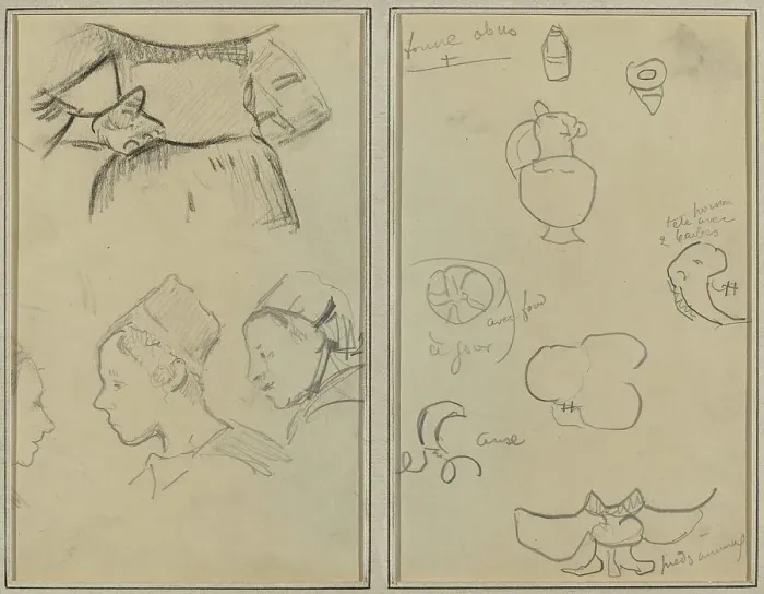 Framed Print : Four Studies of Breton Women; Shapes and Vases [verso], 1884-1888. Creator: Paul Gauguin