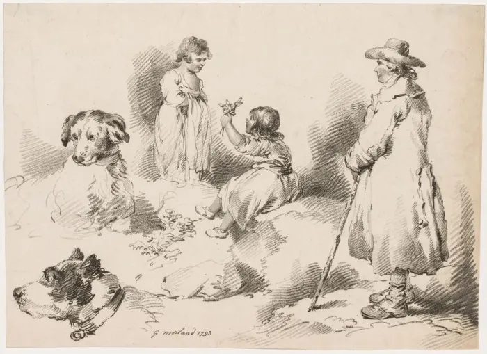 Framed Print : Studies of Children (Two Little Girls); Two Dogs; A Man, 1793. Creator: J. Harris Framed Print : Studies of Children (Two Little Girls); Two Dogs; A Man, 1793. Creator: J. Harris