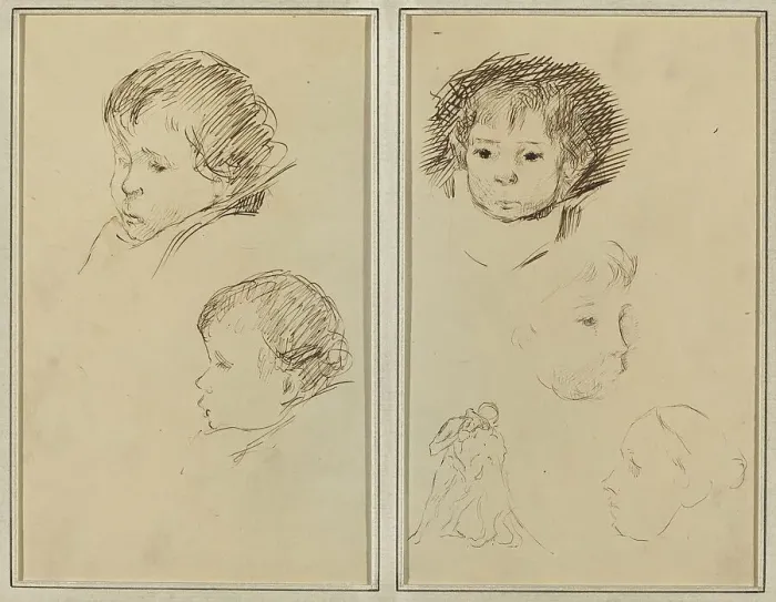 Framed Print : Two Studies of a Child's Head; Two Studies of a Child's Head, a Woman in...[recto], 1884-1888. Creator: Paul Gauguin