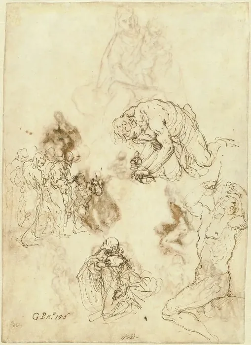 Framed Print : Studies of Christ Healing the Blind Man, Saint Philip Benizzi, and Saint Sebastian, c. 1611. Creator: Jacopo Palma