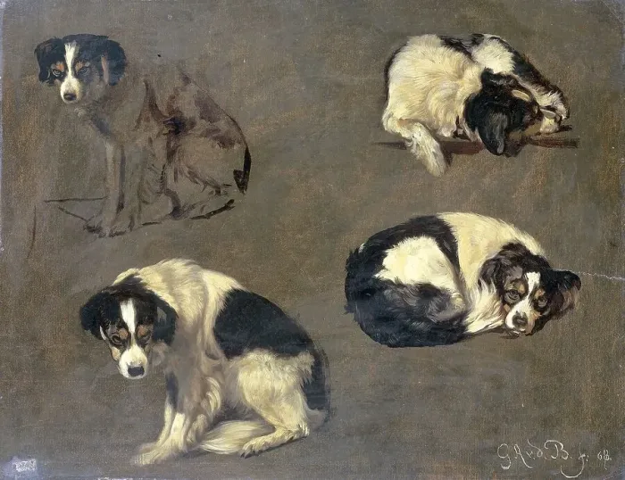 Framed Print : Four Studies of a Dog, 1868. Creator: Guillaume Anne van der Brugghen Framed Print : Four Studies of a Dog, 1868. Creator: Guillaume Anne van der Brugghen