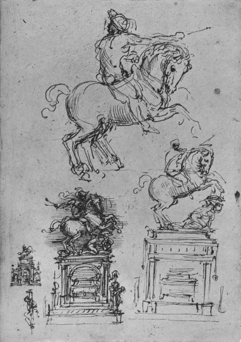 Framed Print : Four Studies for an Equestrian Monument, c1480 (1945). Artist: Leonardo da Vinci Framed Print : Four Studies for an Equestrian Monument, c1480 (1945). Artist: Leonardo da Vinci