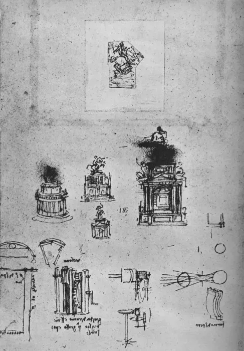 Framed Print : Studies for an Equestrian Monument and Studies of Machiinery, c1480 (1945). Artist: Leonardo da Vinci Framed Print : Studies for an Equestrian Monument and Studies of Machiinery, c1480 (1945). Artist: Leonardo da Vinci