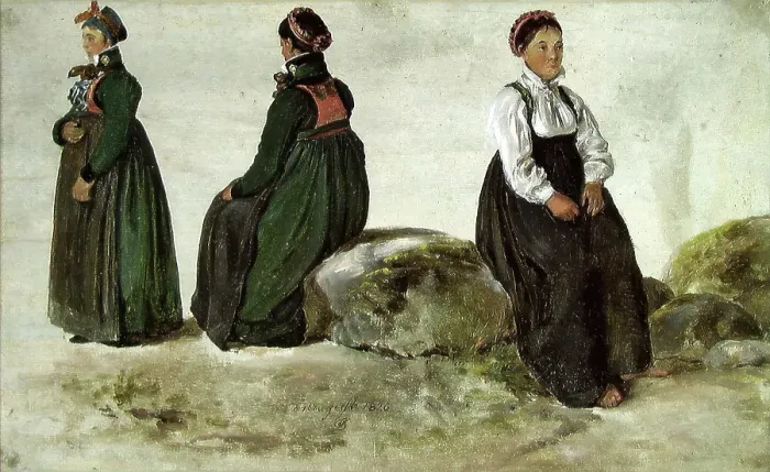 Framed Print : Studies of Female Costumes from Luster in Sogn, 1826. Creator: Johan Christian Dahl