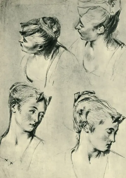Framed Print : Four studies of female heads, early 18th century, (1943). Creator: Jean-Antoine Watteau Framed Print : Four studies of female heads, early 18th century, (1943). Creator: Jean-Antoine Watteau