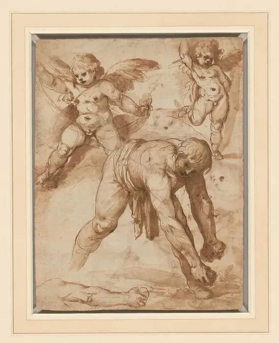 Framed Print : Studies of a Figure Bending Over, Two Putti, and an Arm (recto); Rest on the Flight... 1596 / 97. Creator: Cesare Rossetti Framed Print : Studies of a Figure Bending Over, Two Putti, and an Arm (recto); Rest on the Flight... 1596 / 97. Creator: Cesare Rossetti