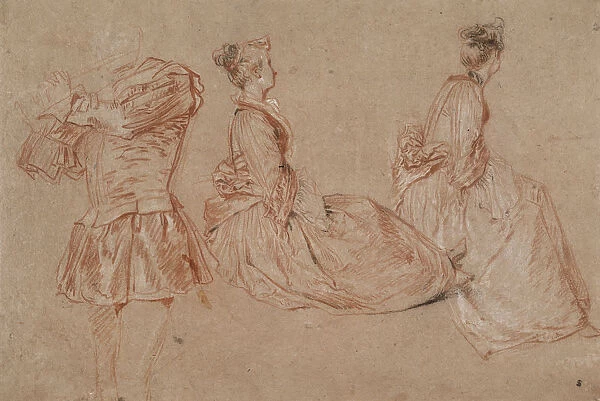 Studies of a flute-player and two women, 1717. Artist: Jean-Antoine Watteau