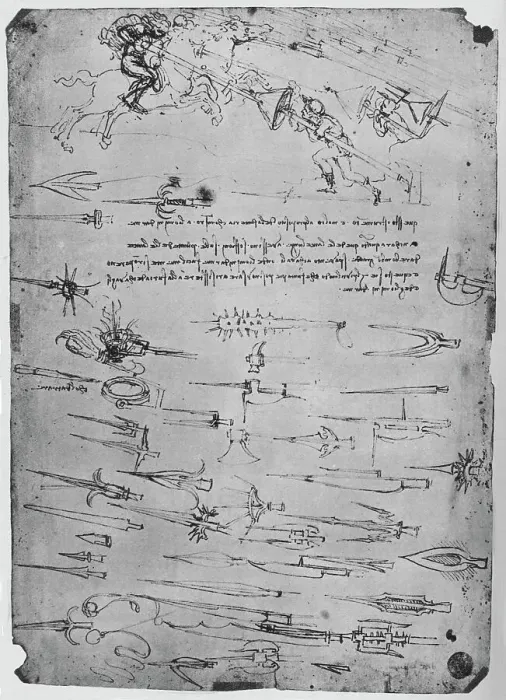 Framed Print : Studies of Foot-Soldiers Attacking Horsemen with Lances to Which Shields, c1480, (1945) Artist: Leonardo da Vinci Framed Print : Studies of Foot-Soldiers Attacking Horsemen with Lances to Which Shields, c1480, (1945) Artist: Leonardo da Vinci