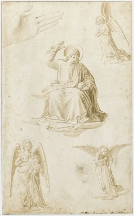 Framed Print : Studies of a hand, three angels and Christ as Salvator Mundi, Second Half of the 15th century. Artist: Gozzoli, Benozzo (ca 1420-1497) Framed Print : Studies of a hand, three angels and Christ as Salvator Mundi, Second Half of the 15th century. Artist: Gozzoli, Benozzo (ca 1420-1497)