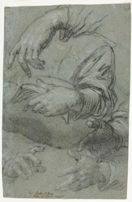 Framed Print : Studies of Hands (recto); Sketch of a Childs Head (verso), c. 1586. Creator: Carletto Caliari Framed Print : Studies of Hands (recto); Sketch of a Childs Head (verso), c. 1586. Creator: Carletto Caliari
