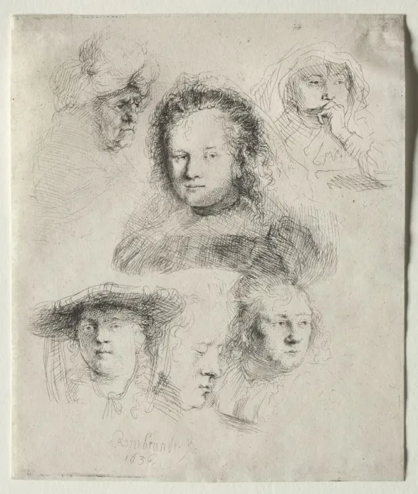 Framed Print : Studies of the Head of Saskia and Others, 1636. Creator: Rembrandt van Rijn (Dutch, 1606-1669) Framed Print : Studies of the Head of Saskia and Others, 1636. Creator: Rembrandt van Rijn (Dutch, 1606-1669)