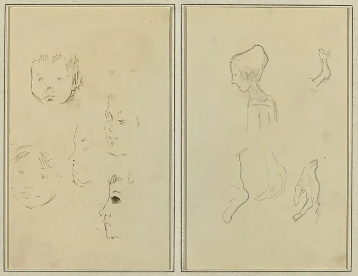 Framed Print : Five Studies of Heads; A Boy in Profile with Studies of Hands and Feet [verso], 1884-1888. Creator: Paul Gauguin
