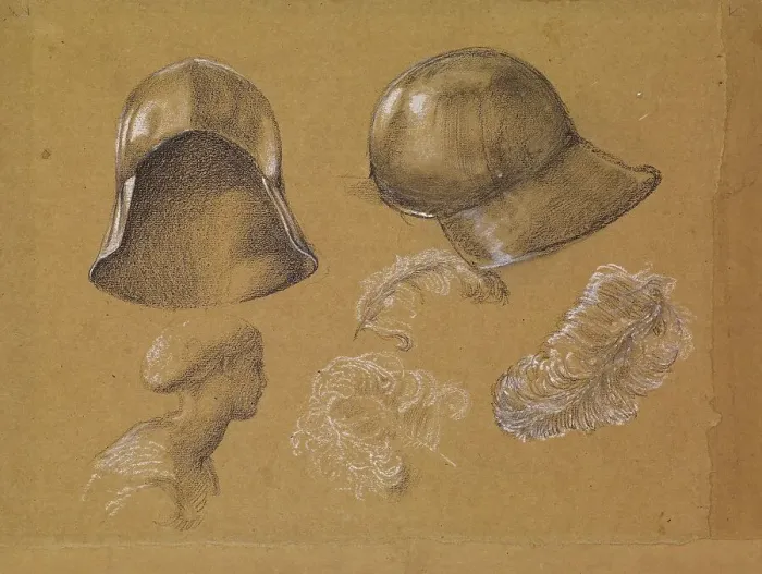 Framed Print : Studies of Helmet, Female Profile and Ostrich Feathers, 1865-1867 (possibly related to.... Creator: Sir Edward Coley Burne-Jones) Framed Print : Studies of Helmet, Female Profile and Ostrich Feathers, 1865-1867 (possibly related to.... Creator: Sir Edward Coley Burne-Jones)