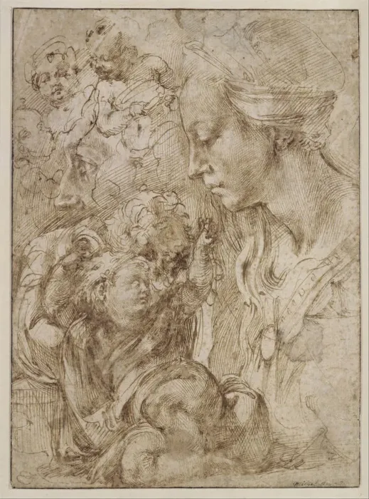 Framed Print : Studies for a Holy Family with John the Baptist as Child, 1505. Artist: Buonarroti, Michelangelo (1475-1564) Framed Print : Studies for a Holy Family with John the Baptist as Child, 1505. Artist: Buonarroti, Michelangelo (1475-1564)