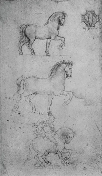 Framed Print : Two Studies of a Horse and one of a Horse and Rider, c1480 (1945). Artist: Leonardo da Vinci