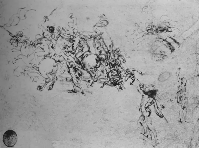 Framed Print : Studies of Horsemen Fighting and of Footsoldiers, c1480 (1945). Artist: Leonardo da Vinci Framed Print : Studies of Horsemen Fighting and of Footsoldiers, c1480 (1945). Artist: Leonardo da Vinci
