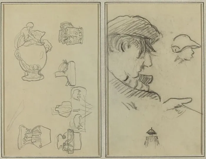 Framed Print : Studies of Jugs and Vases; A Man with Moustache and a Boy with a Hat [recto], 1884-1888. Creator: Paul Gauguin
