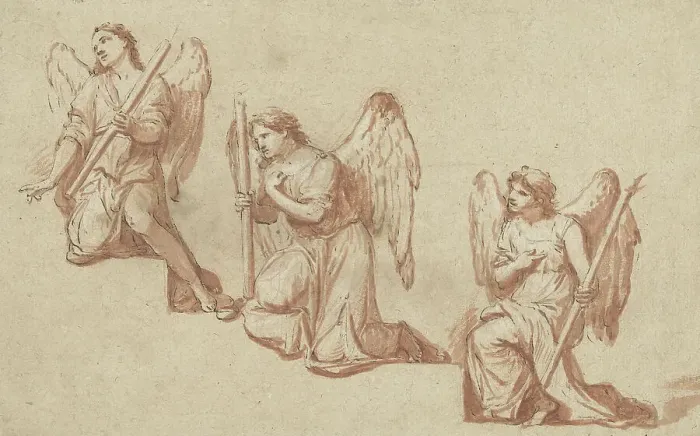Framed Print : Three studies of kneeling angels with torches, 1690-1699. Creator: Marc Antonio Franceschini Framed Print : Three studies of kneeling angels with torches, 1690-1699. Creator: Marc Antonio Franceschini