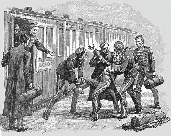 'Studies of Life and Character at a Railway Station; Troopers on Furlough, 1890. Creator: Unknown