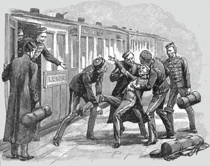 Framed Print : Studies of Life and Character at a Railway Station; Troopers on Furlough, 1890. Creator: Unknown Framed Print : Studies of Life and Character at a Railway Station; Troopers on Furlough, 1890. Creator: Unknown